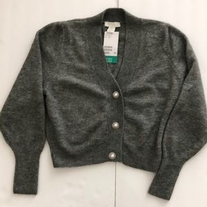 H&M NWT. Grey knit cropped cardigan with rhinestone buttons . M